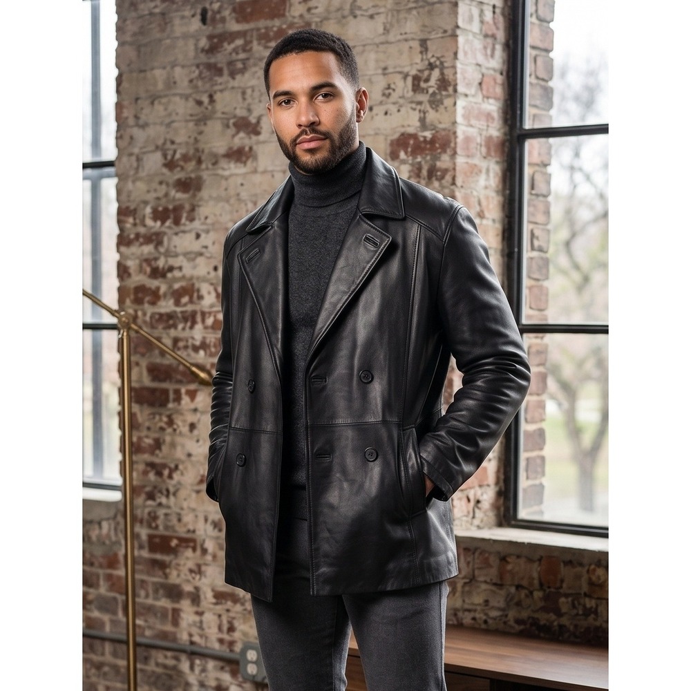 Vintage Overland Leather Double Breasted Pea Coat Jacket Mens Medium Dark Brown